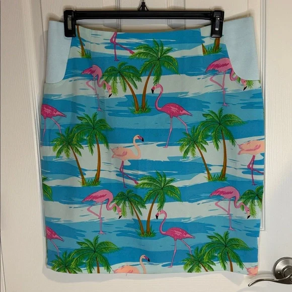 Opposuits Blue, Pink, Green Tropical Print Skirt with pink flamingos.  Size 16 - Picture 6 of 6